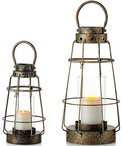 NUPTIO 2 Stück Hurrikan Kerze Laterne Set, Hängende Kerze Halter Rustikale Bauernhaus Stil Laternen Kerzenhalter Indoor Outdoor für Vintage Hochzeit Geburtstagsfeier Gartendekoration,Shabby Chic Deko