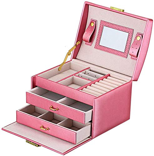Cofanetto portagioie da donna, in pelle PU, con cassetti e valigetta per trucchi, elegante, da viaggio, con specchio (rosa)