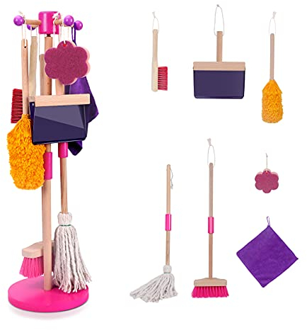 Masthome Kids Cleaning Set, 8 Pcs Pretend Play Cleaning Toy Sets for Toddlers Age 3-6, Plastic Housekeeping Toys Include Broom Dustpan Mop Brush Duster Sponge Rag and Organizing Stand