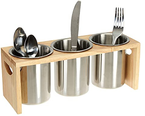 ZOOFOX 3 Pack Silverware Holder, Stainless Steel Cutlery Utensil Organizer with Bamboo Stand, Flatware Caddy Spoon Holder for Countertop, Kitchen Table, Cabinet, Pantry (Nature)
