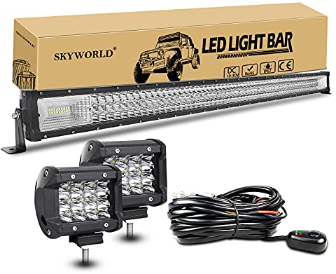 SKYWORLD 50 Zoll LED Arbeitsscheinwerfer Bar 648W Off-Road Zusazuscheinwefer 12V 24V, 2 X 4 Zoll 36W Spot Led Scheinwerfer Arbeitslichtleiste + Kabelbaum Kit für Traktor LKW ATV UTV Fahrzeuge