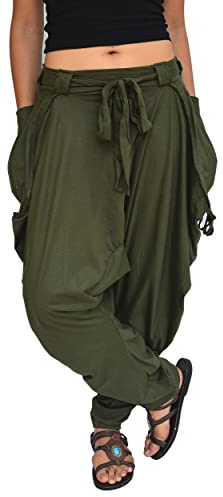 Sakoonee Women Men Harem Pants Palazzo Dhoti Style 2 Pockets Cotton, Green, One size
