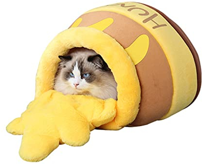 BEE&FLOWER Niche pour chat - Lavable - En forme de pot à miel - Pour l'extérieur - Résistant à l'hiver - Avec fond antidérapant - Pour chats et petits chiens - Jaune