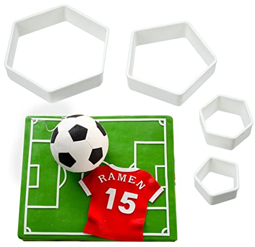 4 Pcs Football Pattern Cookie Cutters 4 Sizes Hexagon Cookie Cutter Plastic Soccer Cake Fondant Cutters for Kitchen Boys Kids DIY Soccer World Cup Sugar Craft Moulds Cake Desserts Decorating Tools