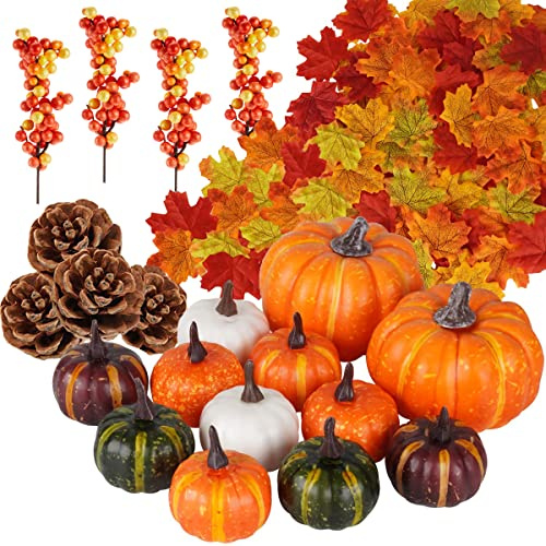 Wleozys 120Pcs Artificial Pumpkins Set, Autumn Decoration Set，Autumn Harvest Fake Pumpkins Pine Cones Maple Leaves Orange Berry Assorted Set for Fall Thanksgiving,Wedding,Halloween,Christmas.