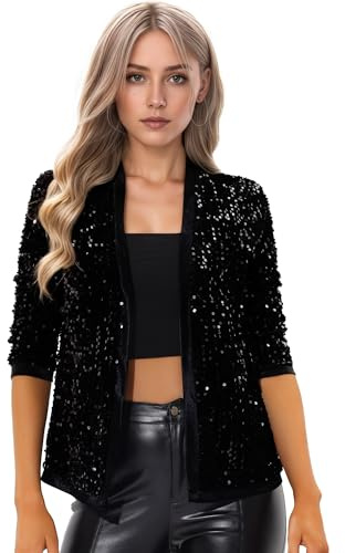 Allegra K Damen Pailettenjacke Glitzer Elegant Blazer Langarm Pailletten Party Club Offen Jacke Jacken Schwarz S