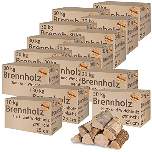 Brennholz Gemischt Kaminholz 400 kg Buche Eiche Birke Kiefer Fichte Holz Für Ofen und Kamin Kaminofen Feuerschale Grill Feuerholz 25 cm Wood Kammergetrocknet Flameup