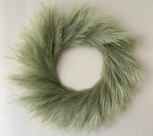 VOULUX Fluffy Artificial Large Faux Pampas Grass Wreath 27 Sage Green Modern Feather Boho Wreath Indoor Wreaths Farmhouse Wreath Wall Decor Baby Sea Grass Spring Wheat Wreath Green Wreaths Front Door