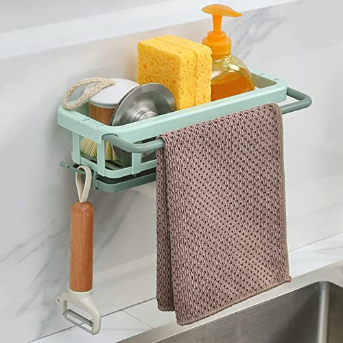 SEIYOGDS Organizer Lavello Cucina, Portaspezie con Portasciugamani e 2 Ganci, Mensola da Parete Senza Perforazione con Scarico Grondaia per Bagno e Cucina (Verde)
