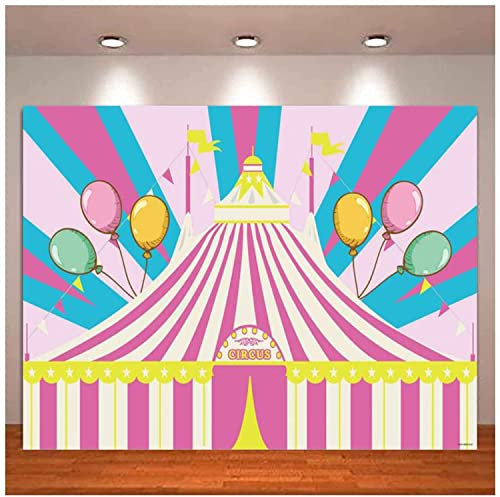 Rosa Zelt Zirkus Hintergrund Mädchen erste 1. Geburtstagsfeier Neugeborenen-Baby-Dusche Desserttisch Dekor Bunte Luftballons Hintergrund 210X150cm