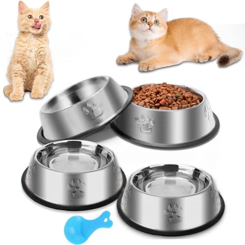 ACEONE Edelstahl Katzennapf, 4er-Pack Metall-Hundenäpfe für Futter und Wasser, rutschfeste Haustier-Fütterungsschale mit Gummibasis für Katzen, Welpen, mittelgroße Hunde