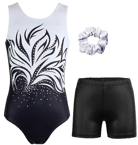 MODAFANS Leotards for Girls Gymnastics with Shorts Ballet Dance Set Athletic Leotards with Hair Scrunchie Black White,8-9Years