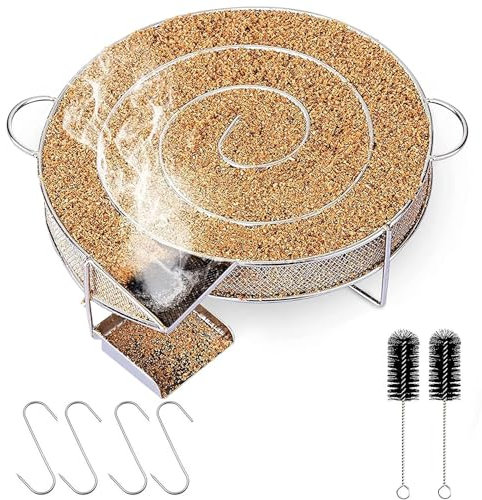 UQTUKO Rund Rauchgenerator, Edelstahl Kaltraucherzeuger für Räucherofen mit Bürste & Haken Kaltrauchgenerator Räucherschnecke Cold Smoker Perfekt für Grills, BBQ, Smoker, Mehrweg, 20x18x5cm