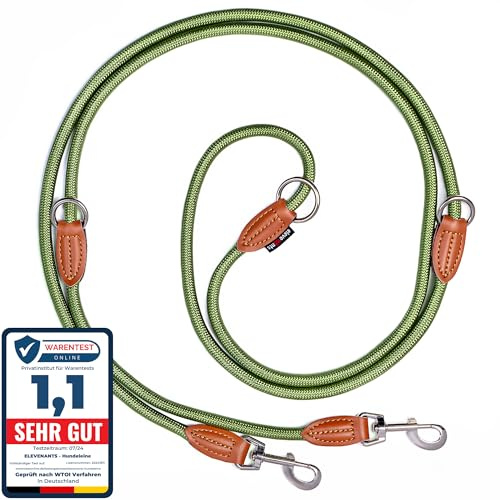 elevenants® Verstellbare Hundeleine 3 Meter | Robuste Nylon Umhängeleine für mittelgroße bis große Hunde | Führleine mit 200kg Zugkraft | Doppelleine mit 2 Karabiner | Multifunktionsleine (Grün)
