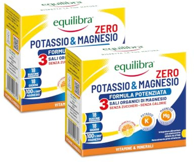 Equilibra Magnesio e Potassio Zero Zuccheri 3 Formula Potenziata,36 Bustine | 3 sali organici di magnesio per Reintegro Sali Minerali, Gusto Arancia Limone, Reidratazione