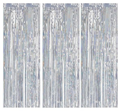 Jisrcha Lametta Vorhang Geburtstagsdeko 3 Stück 1 * 3M Glitzervorhang fransen，Glitzer Lametta Party Deko für Geburtstag Weihnachtsfeier Hochzeit Abschluss Disco Silvester Party Dekoration (Silbrig)