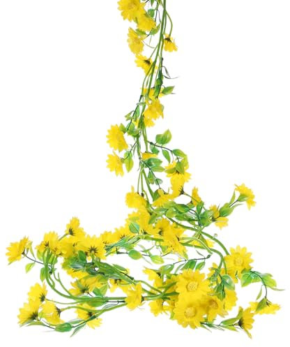 QUARKZMAN Artificielles Marguerites Fleurs Guirlande Vigne Soie Fleurs Sauvages Guirlande Fausses Suspendues Fleurs Vertes Feuilles pour Mur Fête Mariage Arche Maison, Jaune