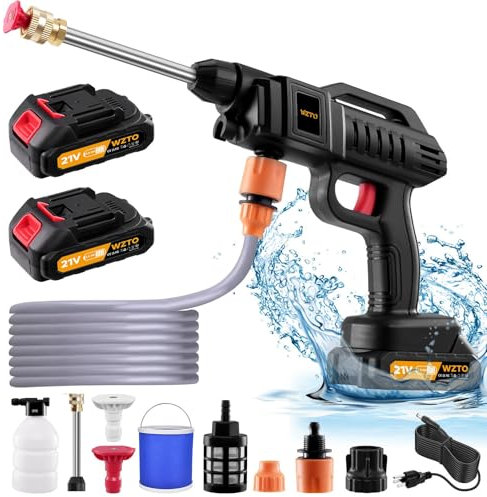 Sararoom 1500W Cordless Pressure Washer, 870 Psi Portable Power Washer with 2Pcs 2000mAh Rechargeable Battery, 5m Hose, 2 Rotating Nozzle, Bucket, Foam Pot, for Car, Floor, Garden Cleaning & Watering