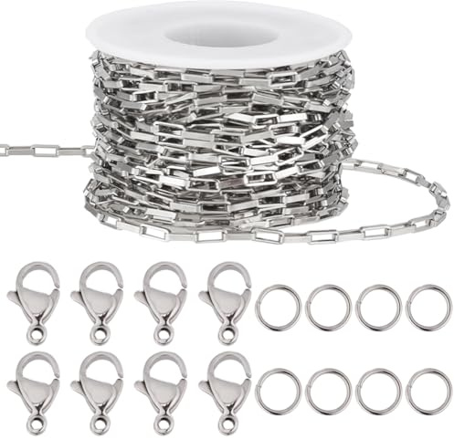 Beebeecraft 10 m Lange Rolo Box Kette Schmuckketten Set In Großen Mengen 304 Edelstahl Lötverbindungen Mit Karabinerverschlüssen Offene Biegeringe Kettenglieder Set Zur Schmuckherstellung Halsketten