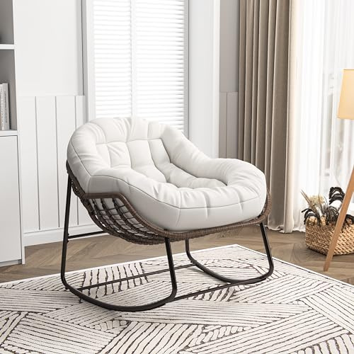 KeepGoon Mecedora de ratán para exteriores con acolchado, estilo escandinavo, silla de lactancia, silla de ocio, silla de ocio, tela impermeable, soporte de acero para salón, dormitorio, patio (beige)