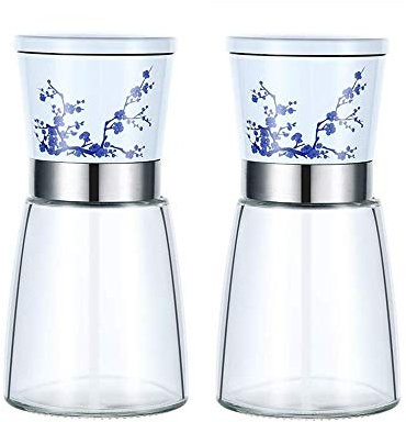 Juego de Molinillo de Sal y Pimienta de diseño Moderno, Molinillo de Sal y Pimienta de Porcelana Azul y Blanca con Cuerpo de Vidrio y salero y pimentero de Grosor Ajustable.