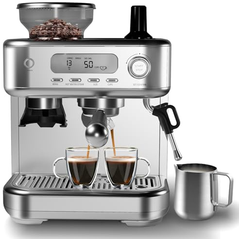 GarveeLife Espresso Machine with Grinder, Professional Coffee and Espresso Maker Combo, Stainless Steel Cafe Espresso Machine with Steam Wand Barista Kit for Cappuccino Latte
