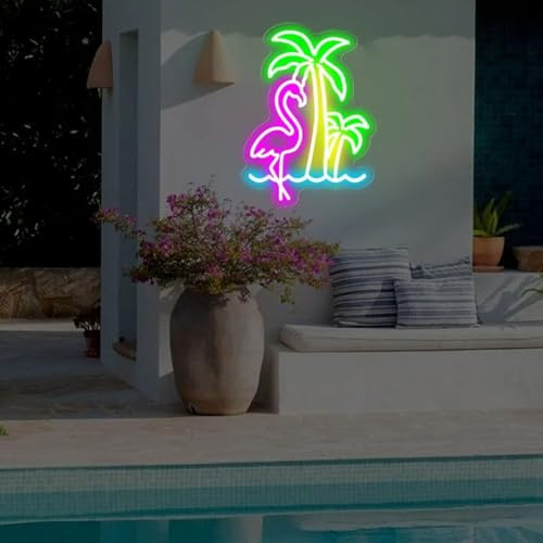 Vattentät neonskylt med flamingo och palmer, oasskylt för utomhusbruk, poolbardekoration, poolsida paradisskylt, tropisk neonskylt, flamingodekor