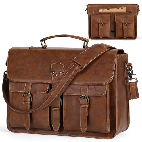 RAINSMORE Aktentasche Herren Laptoptasche 15.6 Zoll Ledertasche Messenger Bag Business Arbeitstasche Wasserdichte Umhängetasche für Geschäft Schule Braun