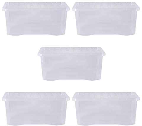 Wham Crystal Plastic Storage Boxes With Lids Home Office Stackable Nestable Container Box, 45L Easy fit Underbed Protective Storage Box, 60 x 40 x 25 cm - Tint Clear (Set of 5)