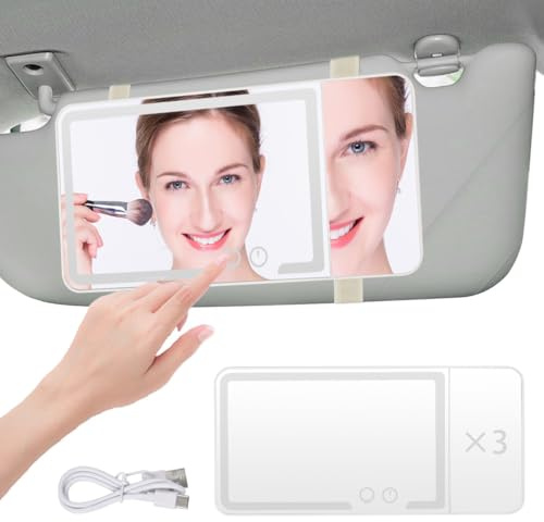 CENBEN 3x Car Vanity Mirror with LED Lights, Touch Control Car Cosmetic Mirror with 3 Adjustable Light Modes, Sun Visor Panel Mirrors with Cable for Women