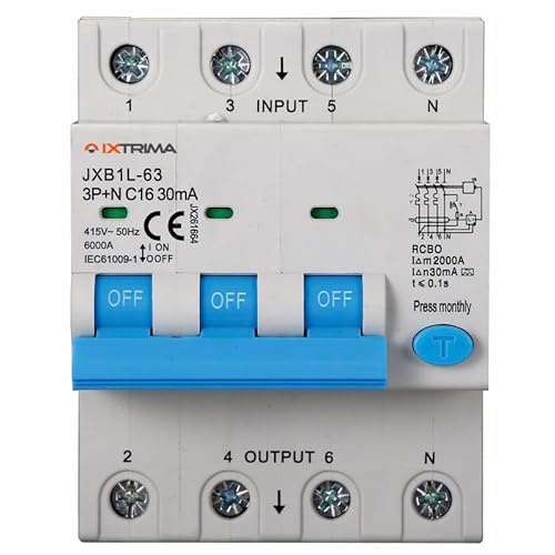 IXTRIMA Interruttore Magnetotermico Differenziale 3P+N 16A 30mA 380V-6KA CLASSE A 30mA per Guida DIN - 4 Moduli DIN - Protezione Circuiti e Sicurezza Impianti