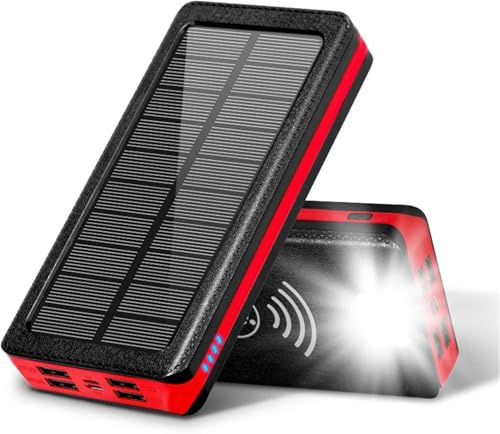 Batterie Externe Solaire sans Fil, Grande capacité, 4 Ports USB, Charge Rapide, étanche, Lampe Torche, 20 000 mAh