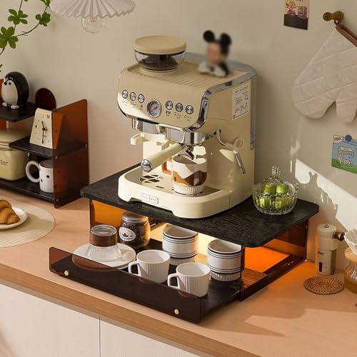 Estante organizador de armario de microondas, soporte acrílico para café con cajón extraíble, estante para tazas, adecuado para cocinas, oficinas y barras de café (marrón, 48 cm)