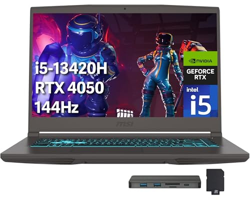msi Thin 15 15.6 pollici FHD 144Hz Gaming Laptop, Intel i5-13420H, NVIDIA GeForce RTX 4050, 16GB DDR4 RAM, 1TB PCIe SSD, tastiera retroilluminata, Wi-Fi 6E, webcam, Win 11 Pro, grigio, set di docking