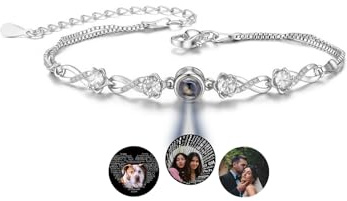 JSDDE Bracelet Projection Photo Personnalisé pour Femme Fille Bracelet Charme Infini Brillant CZ avec Photo Projetée Intérieur Personnalisable Bracelets Châine Boîte Ajustable Cadeau Anniversaire