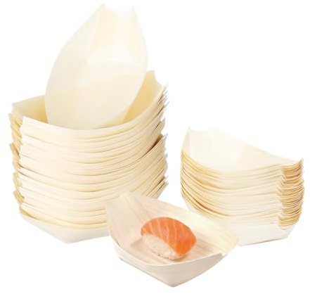 Homiladi Wooden Plates for Sushi 50Pcs 3IN Wooden Bamboo Boats | Disposable Boat-Shaped Bamboo Bowls & Hotdog Boxes for Salad, Snacks, Dessert, Weddings, Catering
