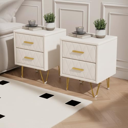 BestAlice Set med 2 nattduksbord, vadderad byrå med 2 lådor, sidobord med guldmetallben och handtag, modern sängbyrå för vardagsrum, sovrum, beige konstläder