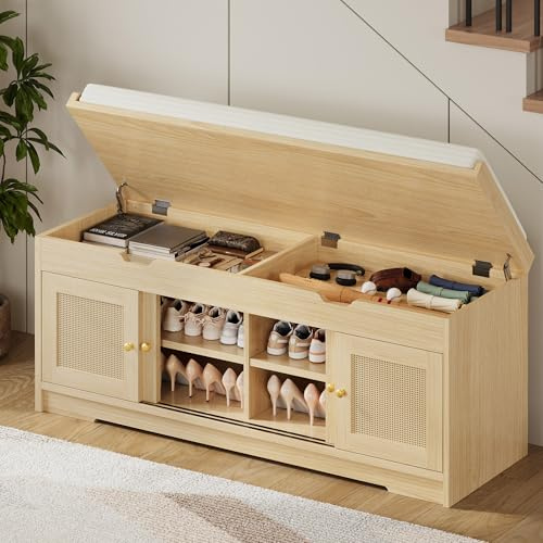 LIKIMIO 47.2 Shoe Bench with Lift Top Storage, Entryway Bench with Cushioned Seat, 2-Tier Rattan Shoe Cabinet with Adjustable Shelf, Storage Bench for Bedroom, Living Room, Hallway, Natural