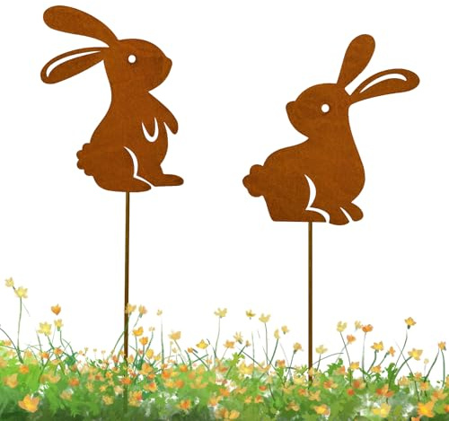 GOCUODE 2er Oster Hase Gartenstecker Deko Rost, Edelrost Osterhasen Gartendeko Rost für Osterdeko Topfpflanzen Blumenbeete Patio (Osterhasen)