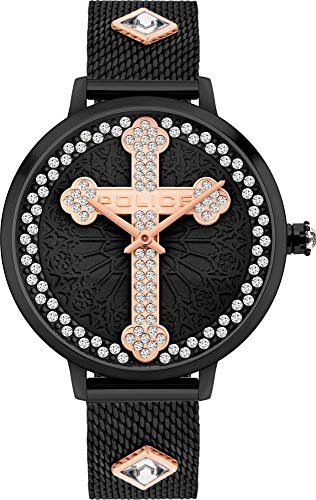 Police Damenuhr Quarz Edelstahl Schwarz mit Glaskristallen 36mm, Ziffernblatt Schwarz-Rosegold, Wasserdicht 3 bar, PL16031MSB.02MMA