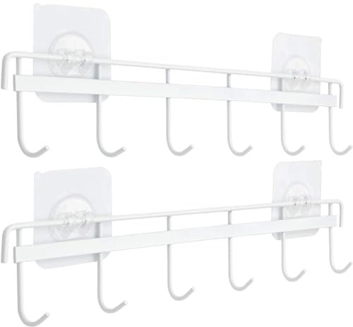Yizhi Selbstklebende Wandhaken Rack Küchenleiste, Platzsparender Utensilienhalter Ohne Bohren Wandmontage Zubehör Aufhänger mit 6 Haken für Küche Badezimmer Schlafzimmer 2 Stück (Weiß)