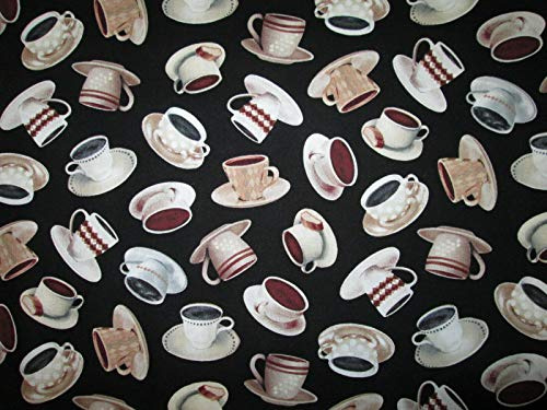 Quality Fabric Fat Quarter (18 x 22) Black Coffee Tea Cups Material: 100% Cotton