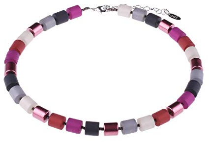 Adi-Modeschmuck elegante Damenkette 'Bärbel' aus 10mm großen original Polaris- und lackierten Acrylzylindern, handgefertigt in Berlin. (Dunkle Rot- und Grautöne)