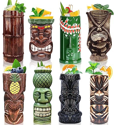 Tiki Becher Cocktail-Set von 8 – Becher, Keramik, hawaiianische Luau-Party-Tassen, Drinkware, niedliche, exotische Cocktailgläser, Tiki-Bar, professionelle Hawaii-Party-Barware,