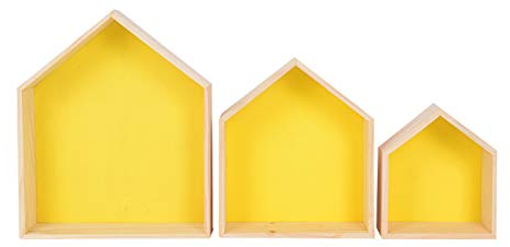 SWECOMZE 3er-Set Wandregal Hausform Regalbox Hausform Holzhaus-Regal Wand für Kinderzimmer Baby DIY Dekoration (Gelb)