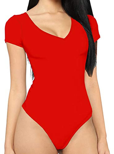 MANGDIUP bodysuit för kvinnor kortärmad V-ringad vardaglig stretchig basic t-shirt bodysuit, Röd, M