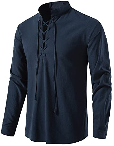 Klassisk skotsk jacobite ghillie kilt skjorta för män, långärmad mysig snörning piratskjortor medeltida vintage kostymtoppar, A275-dark Blue, S