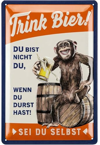 LANOLU Retro Blechschild Bier - TRINK BIER, SEI DU SELBST - lustiges Sprüche Schild als Geschenk für Männer und Bierliebhaber - Partykeller Deko, Kneipen und Bar Dekoration, 20x30cm