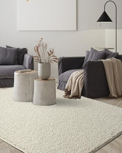 the carpet Foxy Shaggy Teppich - Hochflor Teppich Wohnzimmer & Schlafzimmer Rund - Waschbar & rutschfest - Creme 120 x 120 cm