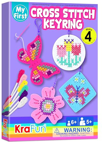 KRAFUN Kits de punto de cruz para niños principiantes, 4 llaveros de punto de cruz, artes y manualidades con mariposa y flor, kit de bordado de punto de aguja para niñas de 5 a 13 años, kit de